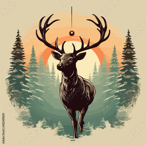vintage big deer in pine forest night moon logo vector illustration