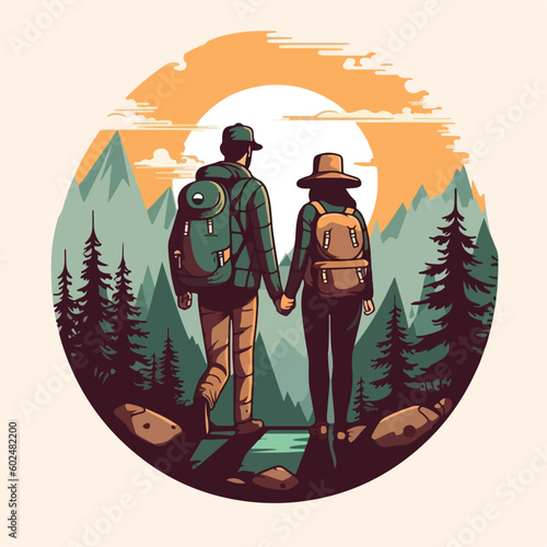 vintage hiking camp couple in pine tree forest mountain logo vector illustration