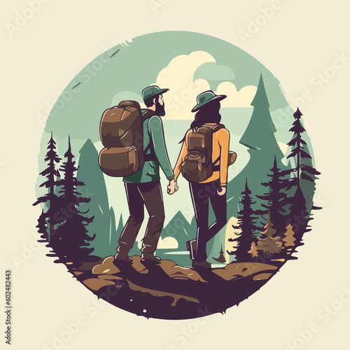 vintage hiking camp couple in pine tree forest mountain logo vector illustration