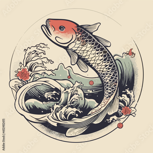 vintage japan koi fish water element traditional japanese  ornament logo vector illustration