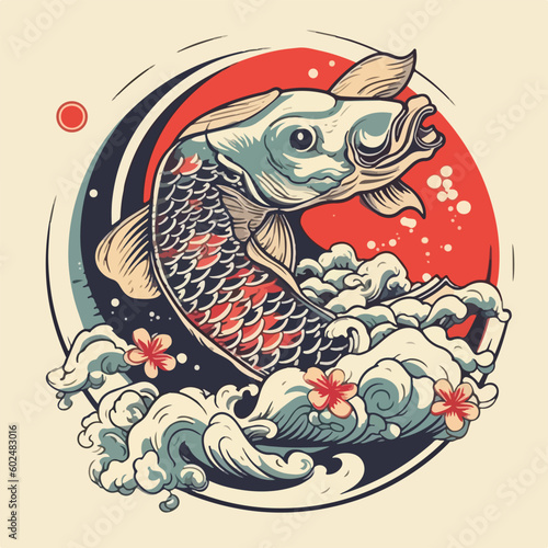 vintage japan koi fish water element traditional japanese  ornament logo vector illustration