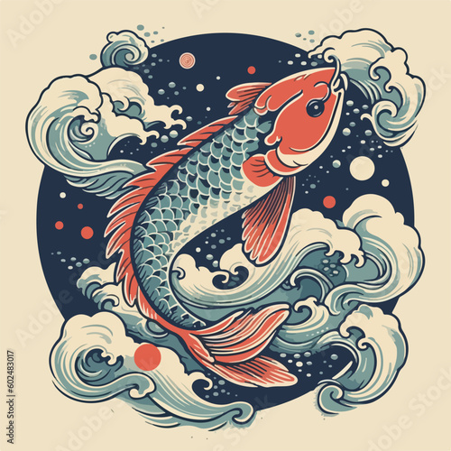 vintage japan koi fish water element traditional japanese  ornament logo vector illustration