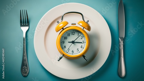 Concept of intermittent fasting, showing an empty plate and a clock. The practice of eating within specific time frames to promote better health and weight management. Generative AI