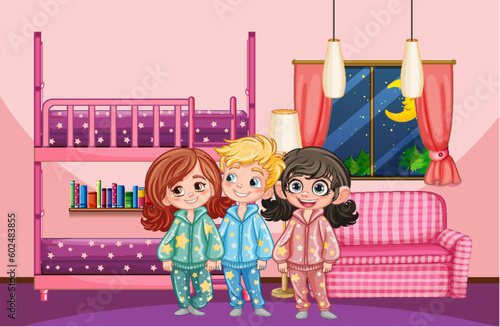 Children in bedroom wearing pajamas