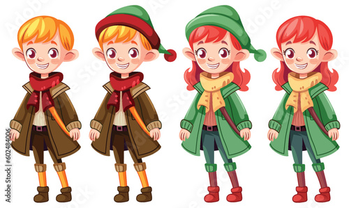 Cute male and female cartoon with winter clothes with and without hat