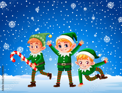 Christmas elfs cartoon character at outdoor snow winter