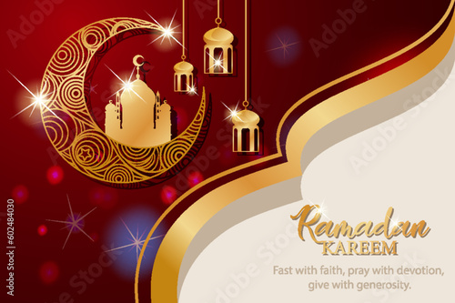 Ramadan Kareem Banner with Islamic Patterns and Lanterns