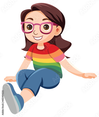 Happy Girl in Rainbow Shirt Cartoon