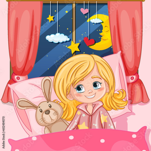 Girl at bedtime with bunny doll