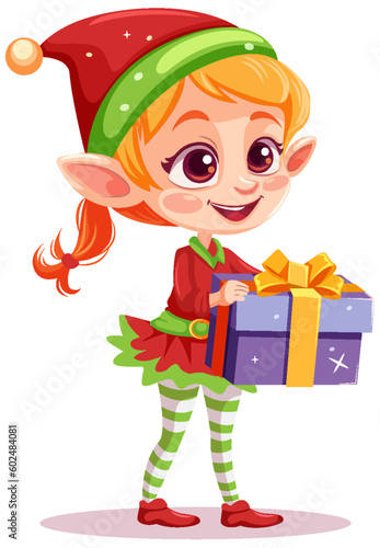 Elf girl cartoon Christmas character holding gift