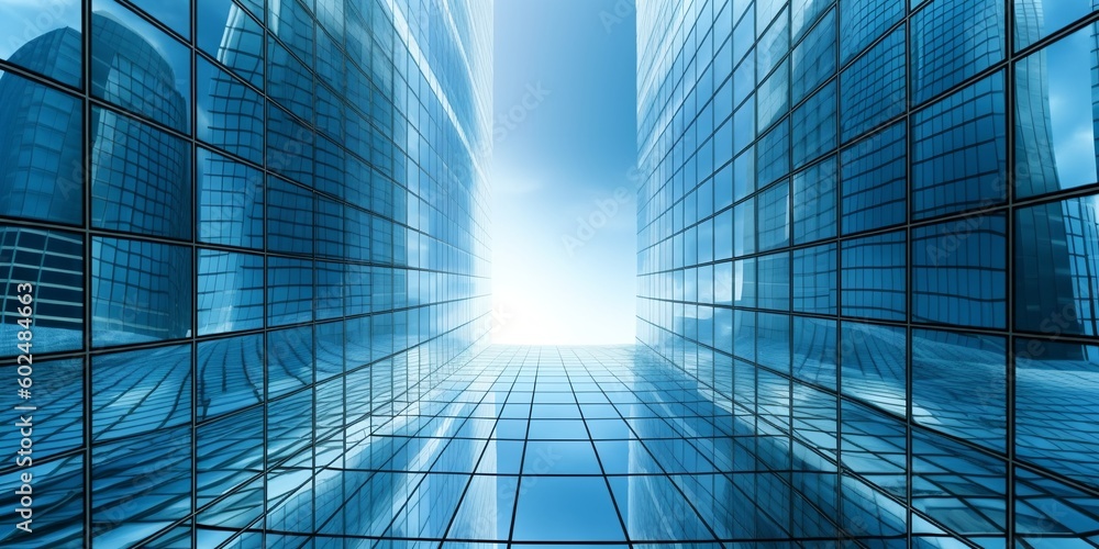 Obraz premium Building with blue glass, generative ai