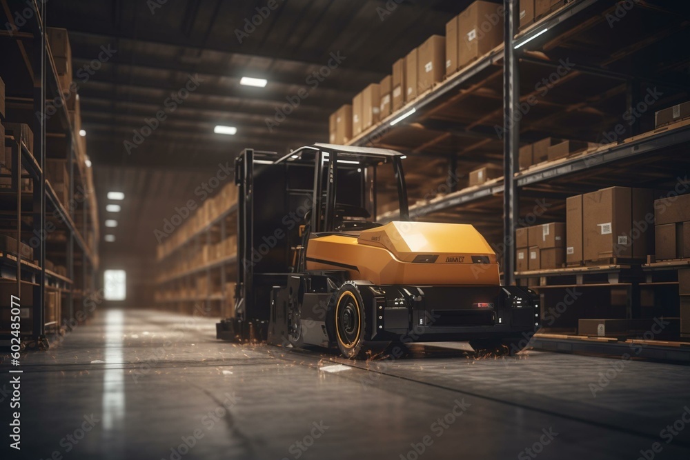 An electric forklift is loading items onto a truck in a modern ...