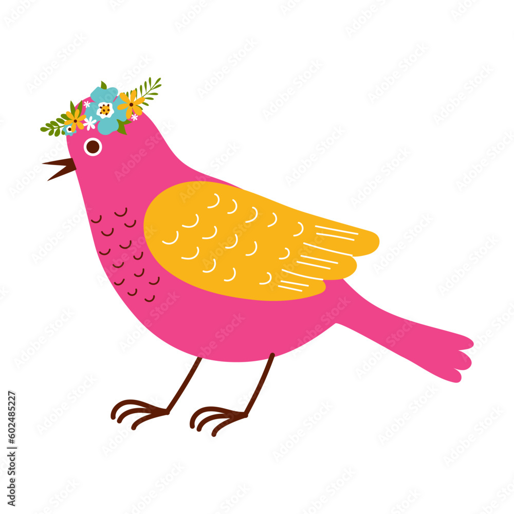 Cute pink bird with flower wreath on head. Flat vector illustration