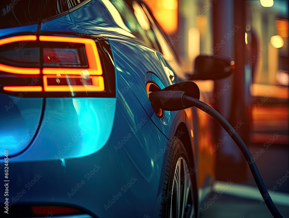EV Car or Electric car at charging station with the power cable supply plugged in on blurred nature with soft light background. Eco-friendly alternative energy concept Generative AI EV Car or Electric car at charging station with the power cable supply plugged in on blurred nature with soft light background. Eco-friendly alternative energy concept Generative AI
