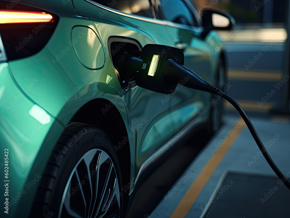 EV Car or Electric car at charging station with the power cable supply plugged in on blurred nature with soft light background. Eco-friendly alternative energy concept Generative AI