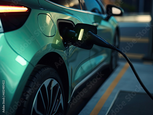 EV Car or Electric car at charging station with the power cable supply plugged in on blurred nature with soft light background. Eco-friendly alternative energy concept Generative AI