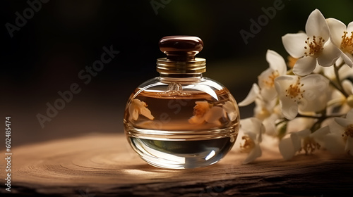 Luxury perfume glass bottle with jasmine flower petals on wood, cinematic smoke realistic minimalist dark black background generative ai