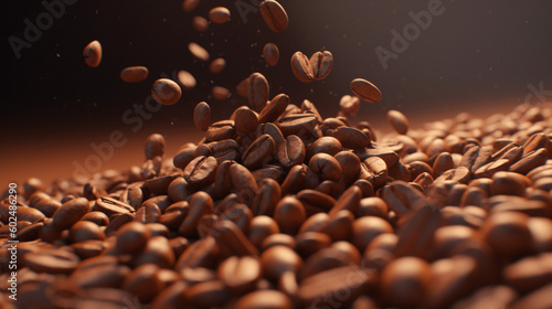 Coffee beans are flying among the brown background. Generative AI image