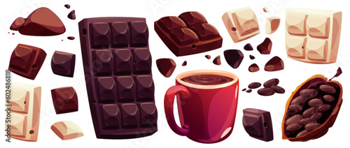 Cartoon set of dark and white chocolate bar and chips, hot cacao beverage in red mug, raw cocoa bean isolated on white background. Vector illustration of sweet dessert and drink, cooking ingredient