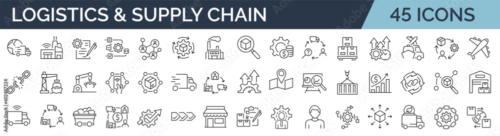 Set of 45 line icons related to supply chain, value chain, logistic, delivery, manufacturing, commerce. Outline icon collection. Vector illustration. Editable stroke - obrazy, fototapety, plakaty 