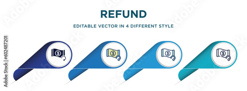 refund icon in 4 different styles such as filled, color, glyph, colorful, lineal color. set of vector for web, mobile, ui