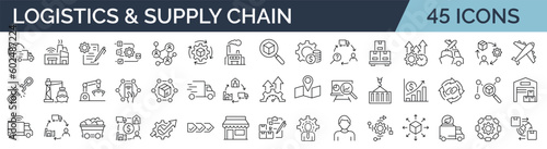 Photo Set of 45 line icons related to supply chain, value chain, logistic, delivery, manufacturing, commerce