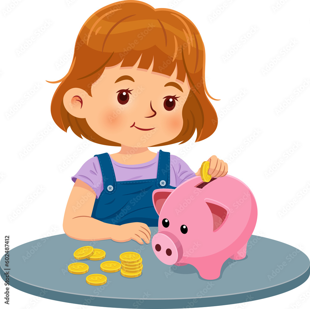 Cute little girl putting coins into a piggy bank. The concept of saving money and planning finance - obrazy, fototapety, plakaty 