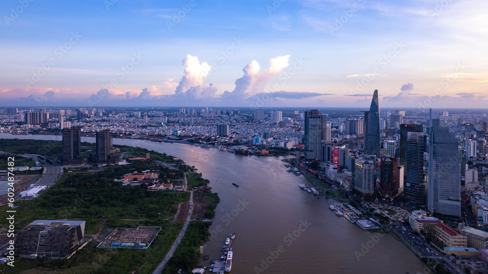 Sunset in the Saigon riverside, Ho Chi Minh city, Vietnam. Photo taken in February 2023.