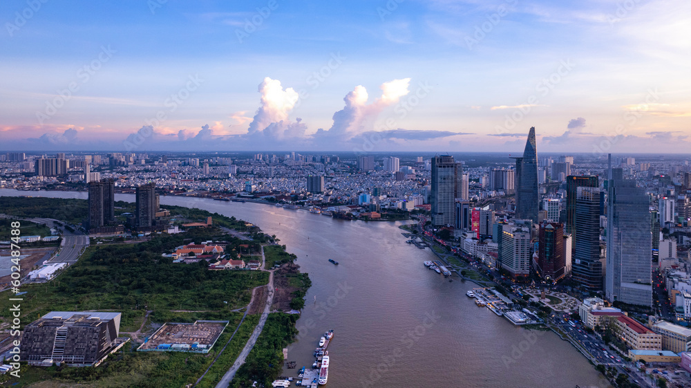 Sunset in the Saigon riverside, Ho Chi Minh city, Vietnam. Photo taken in February 2023.