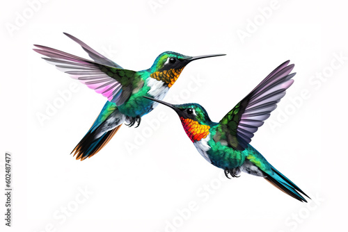 image of brightly colored hummingbirds in flight on white background. Wildlife. Birds. illustration, generative AI.