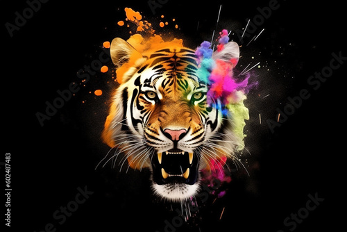 Image of a a tiger head with beautiful bright colors on a dark background. Wildlife Animals. Illustration  generative AI.