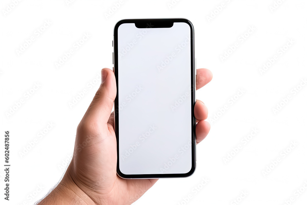 Hand holding a black smart phone with blank screen isolated on white background Hand holding a black smart phone with blank screen isolated on white background