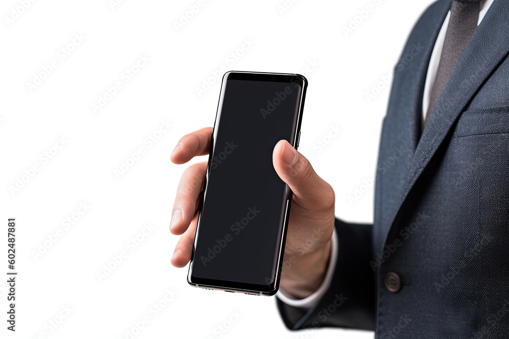 Hand holding a black smart phone with blank screen isolated on white background Hand holding a black smart phone with blank screen isolated on white background