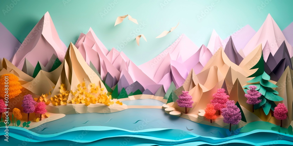 Create a paper art landscape with different geographical features, such as mountains and rivers. Generative AI