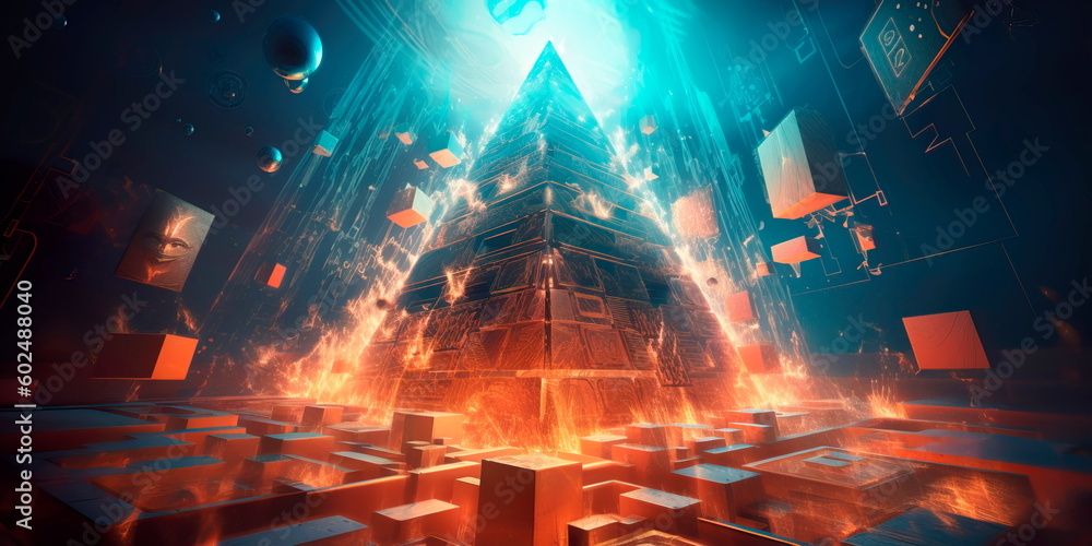Fototapeta premium abstract image featuring a glowing, multidimensional pyramid surrounded by floating symbols and hieroglyphs.Generative AI