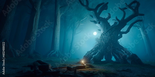 mystical forest scene  featuring an ancient tree with glowing runes carved into its bark  surrounded by mist and illuminated by moonlight.Generative AI