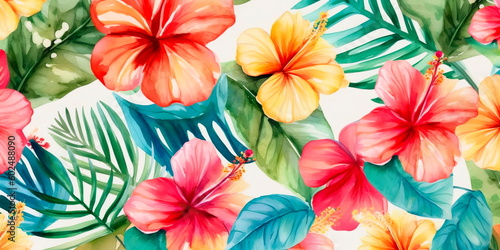 Tropical watercolor floral pattern with hibiscus and frangipani flowers  ideal for use in swimwear or beach-themed designs. Generative AI