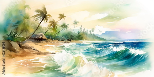 watercolor painting of a tropical beach scene with palm trees and waves crashing onto the shore. Generative AI