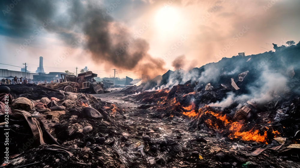 Depressing image of a dark burning untidy dump, made with generative ai