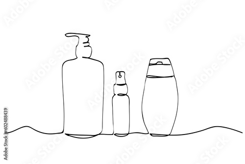 simple vector sketch liquid soap and spray or sanitizer bottle single one line art, continuous 
