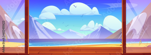 Mountain lake view from wooden terrace with glass door. Vector cartoon illustration of beautiful rocky landscape, sandy beach and calm water under blue sky seen from cottage window. Summer vacation