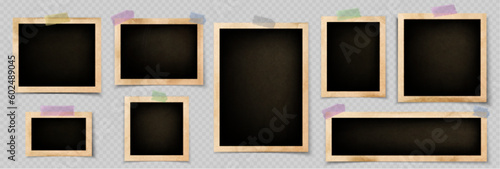 Realistic set of old photos attached to album page with sticky tape. Vector illustration of blank paper photographs in vintage yellow frames, collage template isolated on transparent background