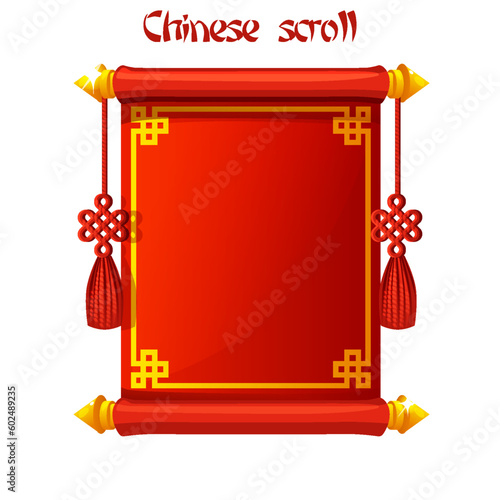 Red Chinese Scroll Border with ornament. Cartoon banner chinese style