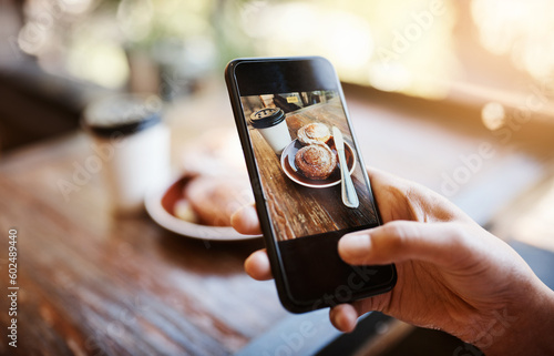 Canvas Print Closeup, hand and woman with a smartphone, copenhagen and memory in a cafe, relax and social media