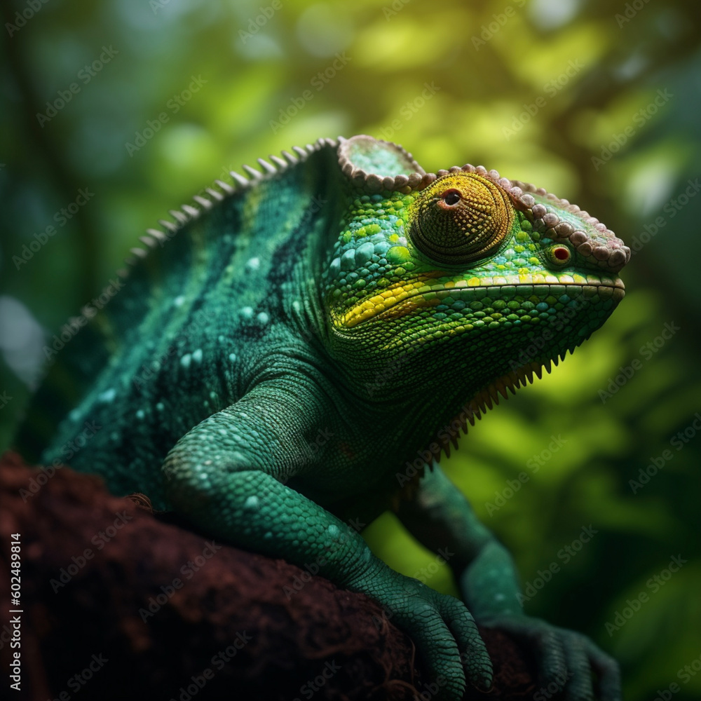 Obraz premium Green colored chameleon close up, beautifully made with Generative AI
