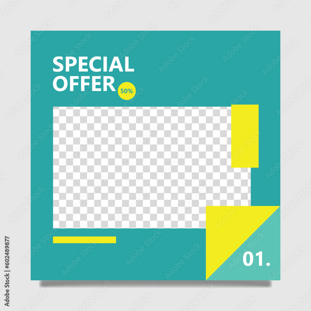 Colorful social media post vector template with image space. Green and yellow colored template. Suitable for business offers, product announcement, online commercial, and internet advertising.