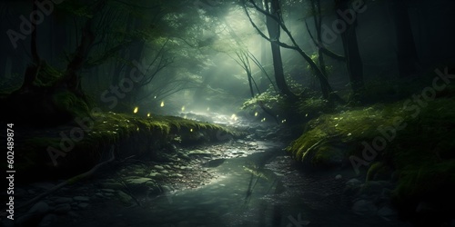 a stream running through a lush green forest © Lau Chi Fung