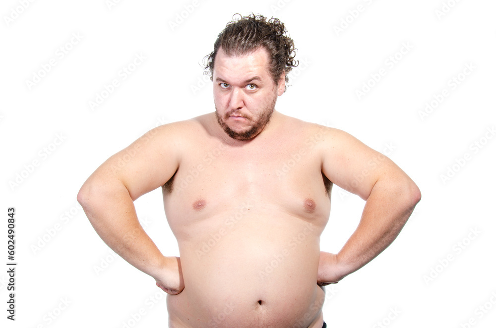 Diet, sport and healthy lifestyle. Funny fat man and proper nutrition.	