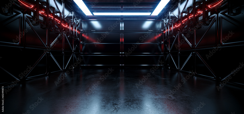 Fototapeta premium Sci Fi Futuristic Shaped Alien Spaceship Metal Planes Garage Glowing Red Cables Corridor Orange White Led Lights Glossy Floor Empty Space Showroom 3D Rendering