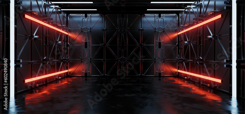 Sci Fi Futuristic Shaped Alien Spaceship Stage Podium Metal Planes Garage Glowing Orange Lights Corridor Orange White Led Glossy Floor Empty Space Showroom 3D Rendering